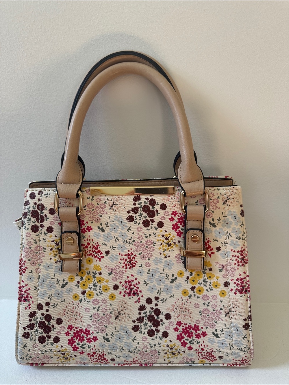 Floral Print Satchel Handbag in Beige and Multicolor PU